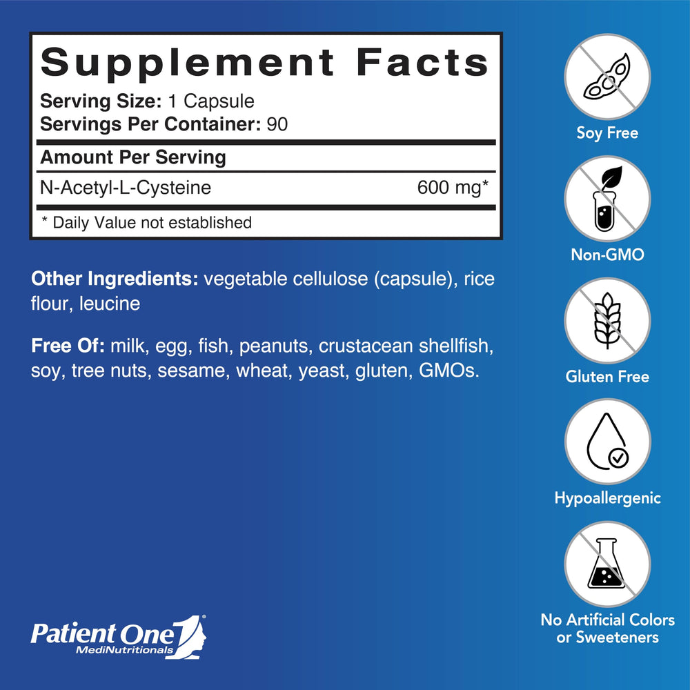 Patient One NAC capsules close-up highlighting 600 mg dosage for liver health.