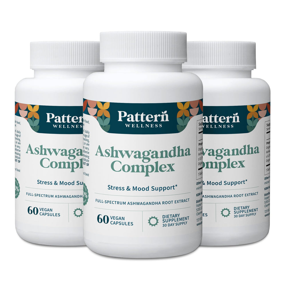 Pattern Wellness Ashwagandha Complex bottle-front highlighting stress balance.