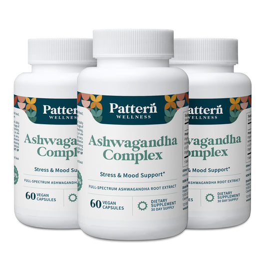 Pattern Wellness Ashwagandha Complex bottle-front highlighting stress balance.