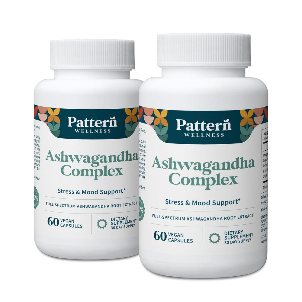 Pattern Wellness Ashwagandha Complex bottle shown for daily stress support and balance.