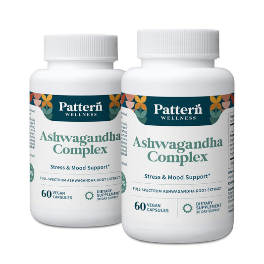 Pattern Wellness Ashwagandha Complex bottle shown for daily stress support and balance.