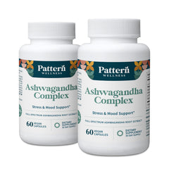 Pattern Wellness Ashwagandha Complex bottle shown for daily stress support and balance.