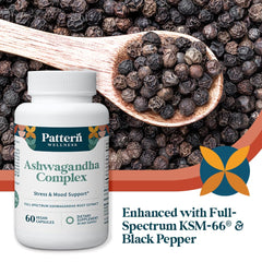 Pattern Wellness Ashwagandha Complex flatlay with bottle and capsules suggests daily routine.