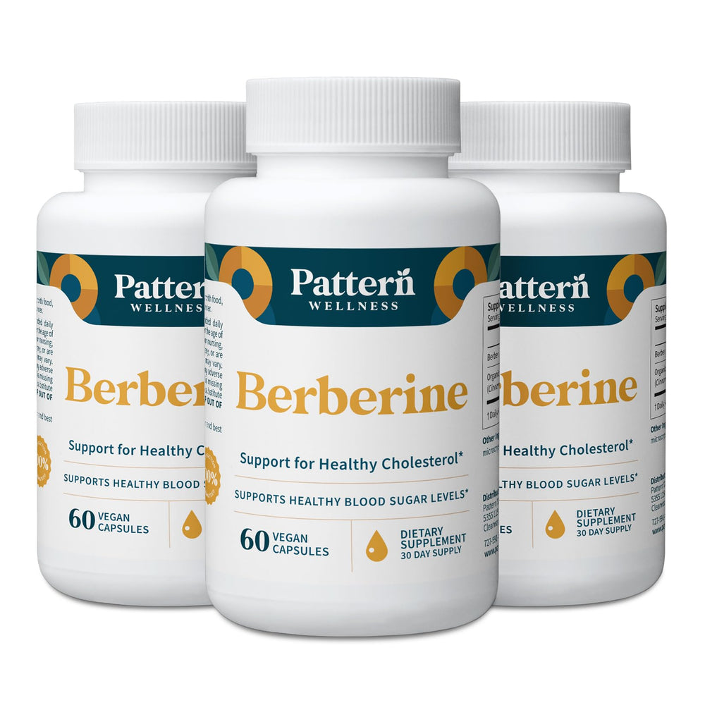 Pattern Wellness Berberine bottle pour with earthy aroma and daily support cue