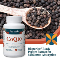 Pattern Wellness CoQ10 packaging emphasizes circulatory and cellular support.