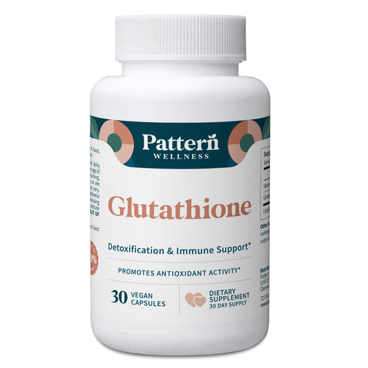 Pattern Wellness Glutathione bottle with capsules supports antioxidant balance and daily vitality.