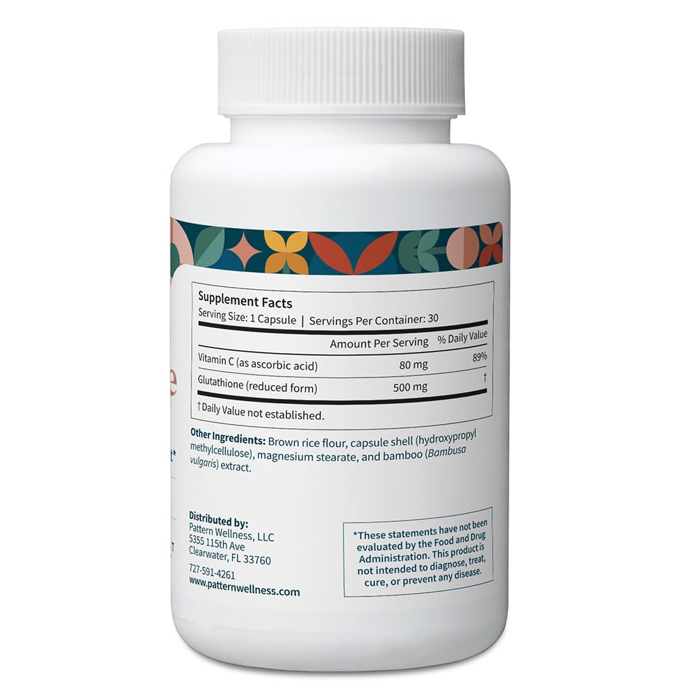 Pattern Wellness Glutathione label closeup highlights vitamin C blend for antioxidant synergy.