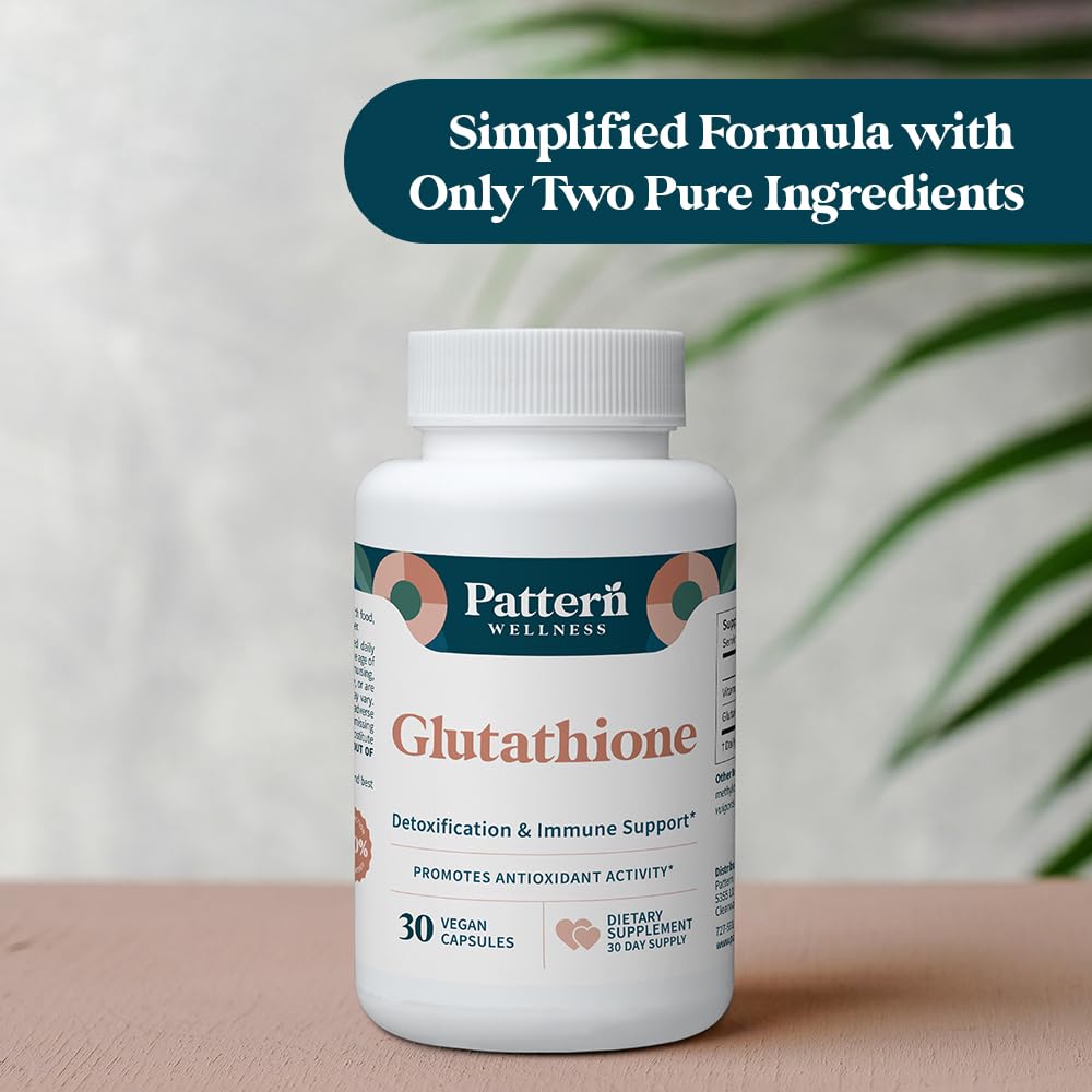 Pattern Wellness Glutathione packaging display conveys compact 30-capsule bottle for on-the-go use.