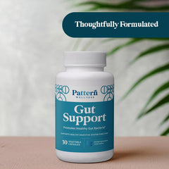 Pattern Wellness Gut Support packaging highlights GMP-certified facility and third-party testing.