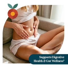 Pattern Wellness Gut Support label zoom emphasizes Apple Pectin and Lactobacillus acidophilus.