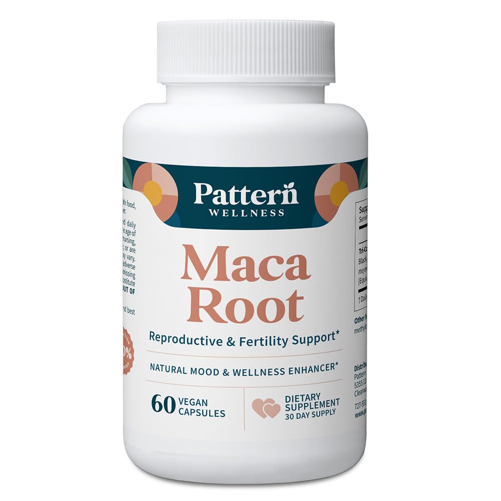 Pattern Wellness Maca Root Extract 20:1 bottle with 60 vegan capsules for daily vitality.