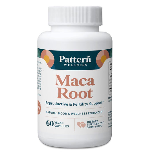 Pattern Wellness Maca Root Extract 20:1 bottle with 60 vegan capsules for daily vitality.