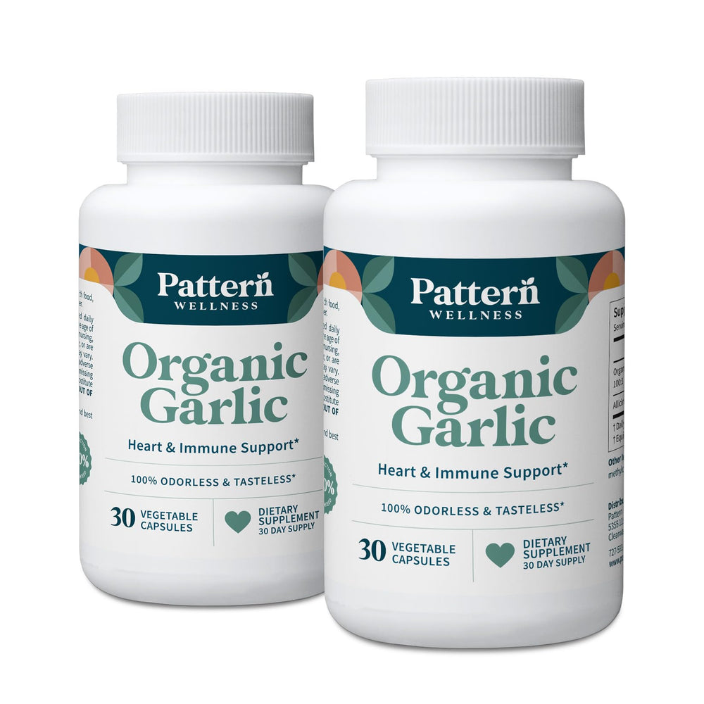 Pattern Wellness Odorless Garlic bottle showing 60 capsules for daily wellness