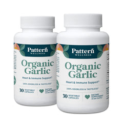 Pattern Wellness Odorless Garlic bottle showing 60 capsules for daily wellness