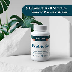 Pattern Wellness probiotic packaging design conveys mindful sourcing and premium quality.