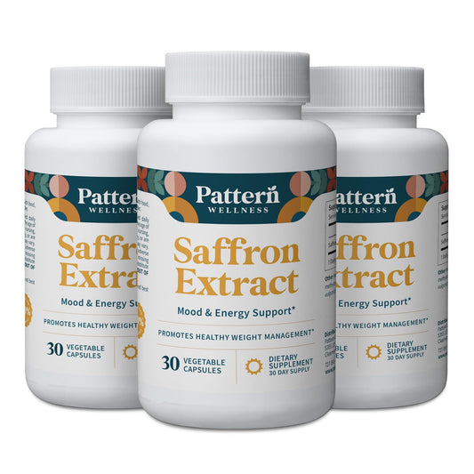 Pattern Wellness saffron extract bottle close-up highlighting 88.5 mg for daily balance.
