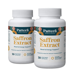 Pattern Wellness saffron extract capsules in a bottle for daily mood balance.