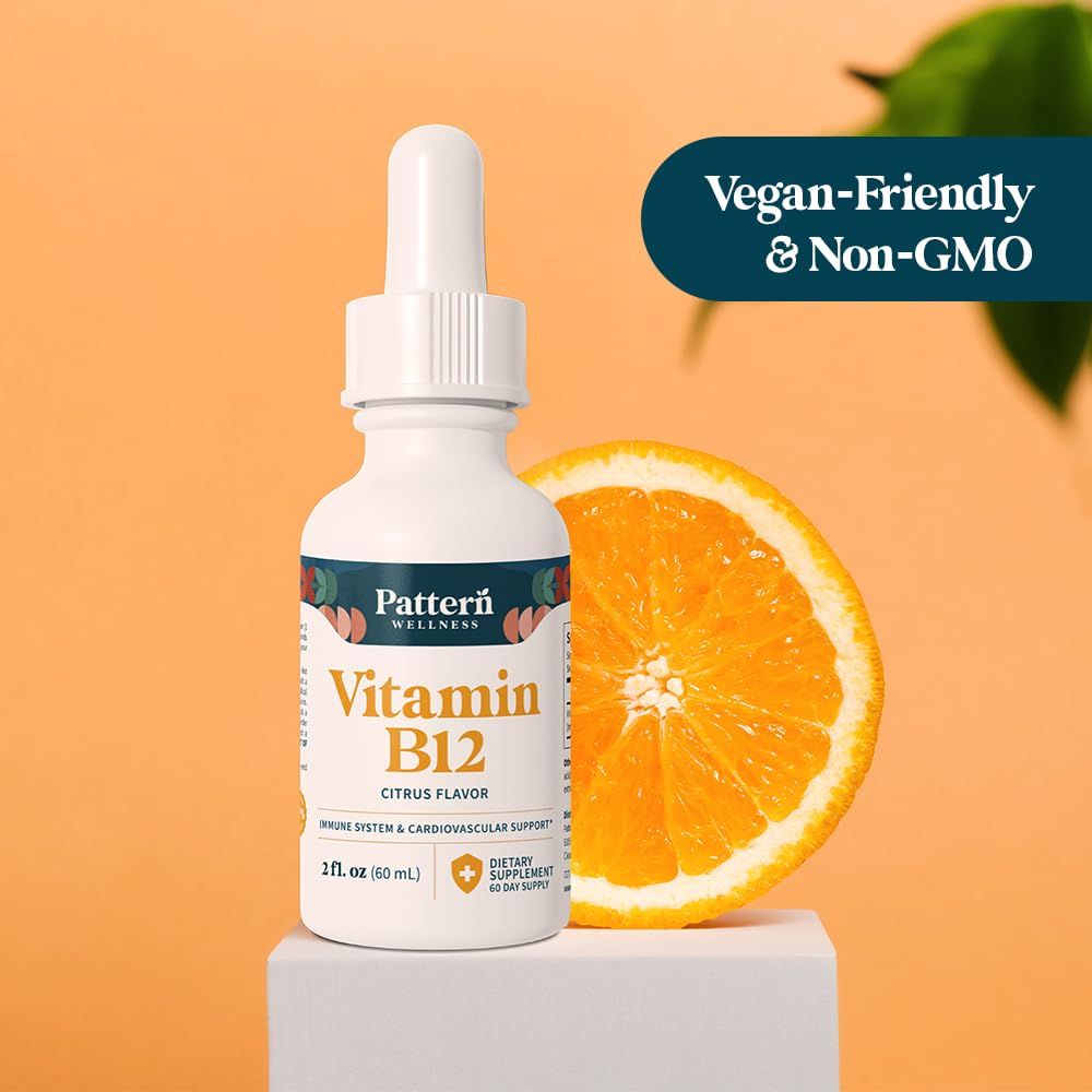 Pattern Wellness Vitamin B12 citrus liquid showing vegan-friendly formula.