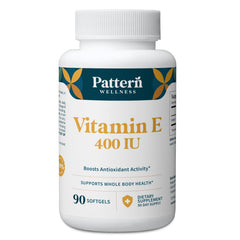 Pattern Wellness Vitamin E 400 IU softgel bottle on shelf, supports daily antioxidant intake.