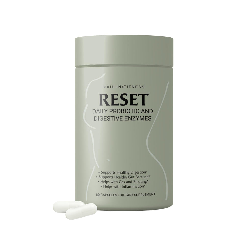 Paulina FITNESS Reset Daily Probiotic bottle shown on kitchen counter for daily gut balance