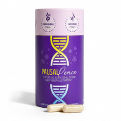 PausalPeace nightstand scene implying calmer evenings with restful sleep