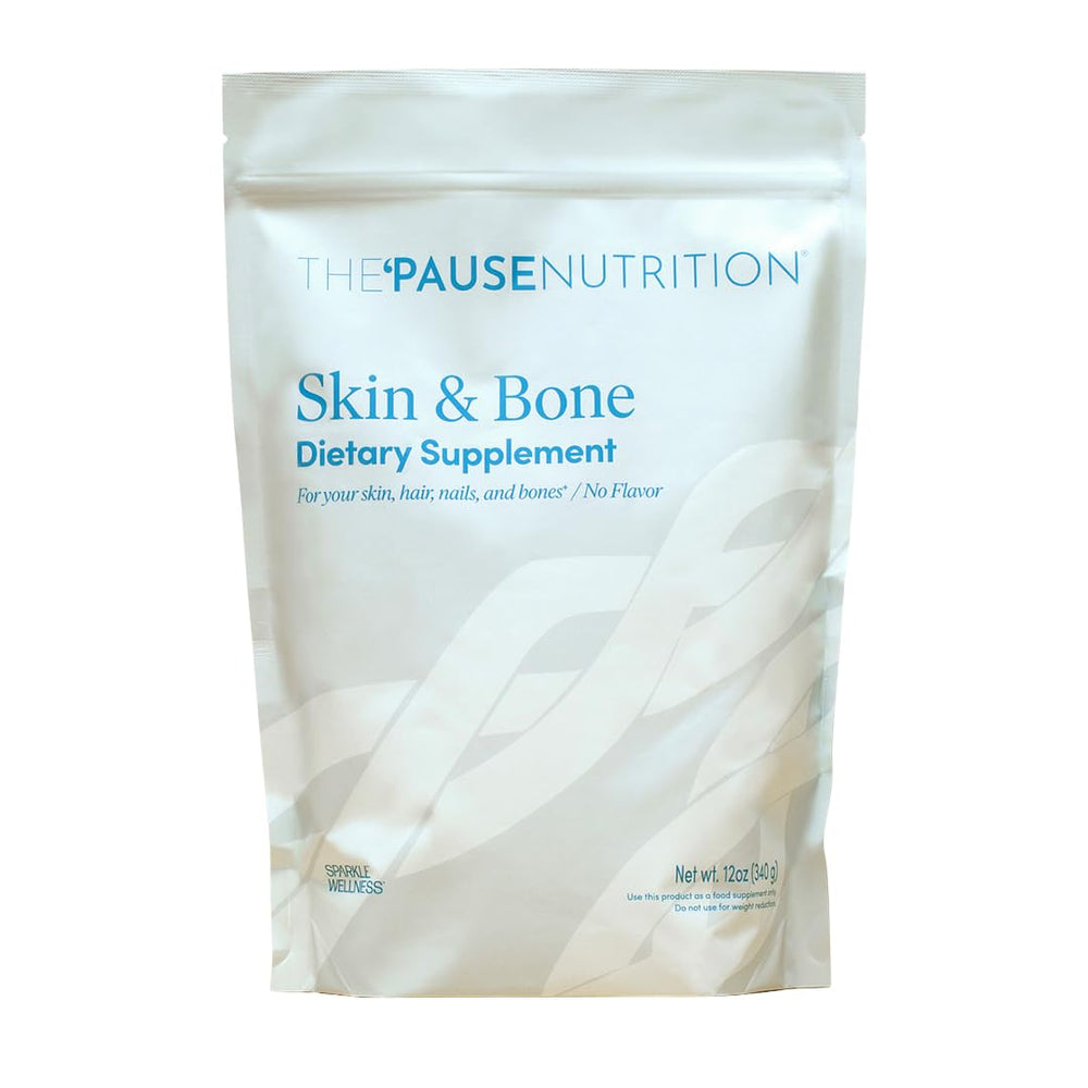 The 'Pause Life Skin & Bone powder jar shows unflavored daily use