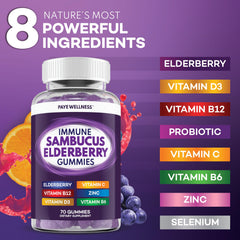 PAYÉ Elderberry Gummies label close-up highlights vegetarian, gluten-free ingredients.