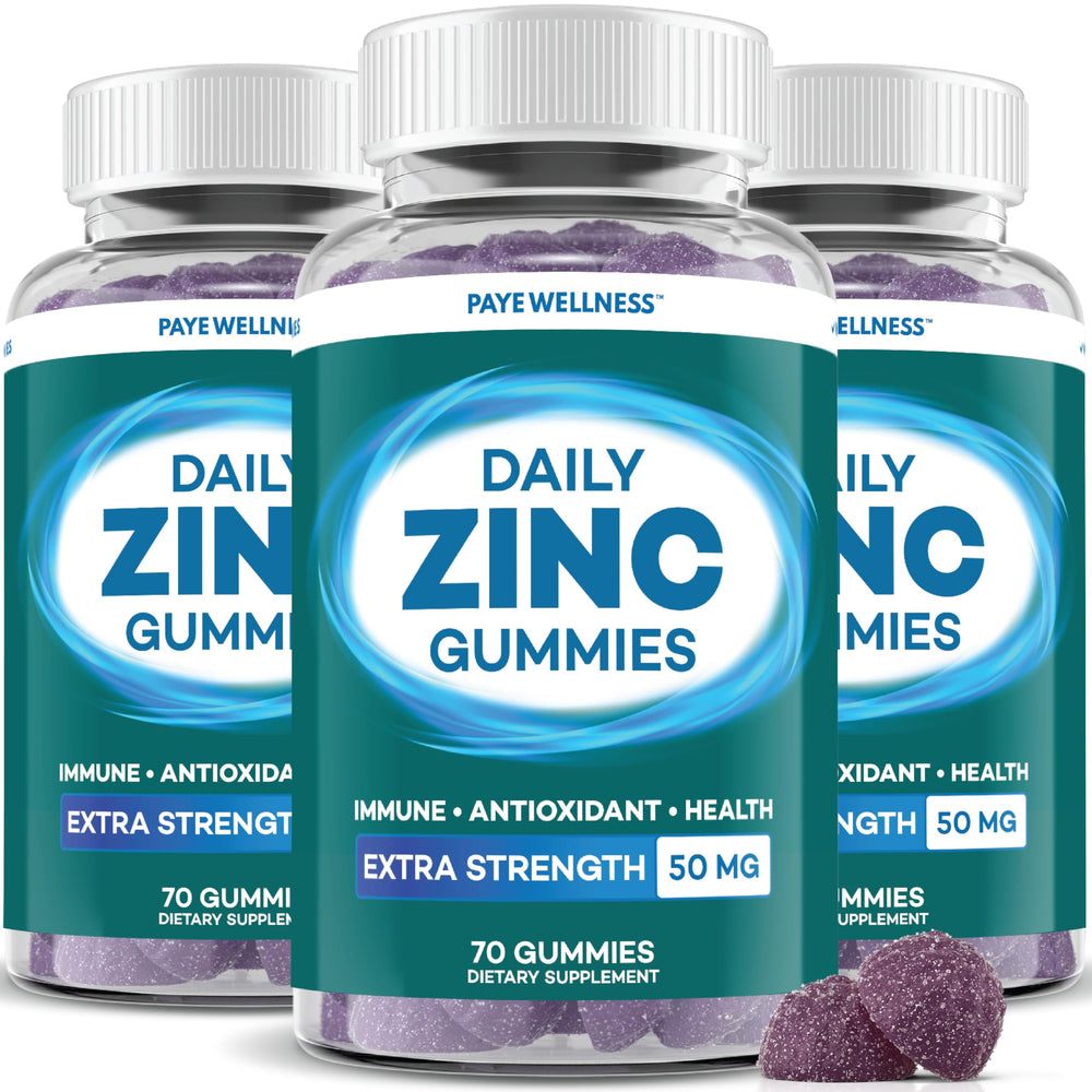 PAYÉ Zinc Gummies bottle showing 50 mg zinc for daily immune support.