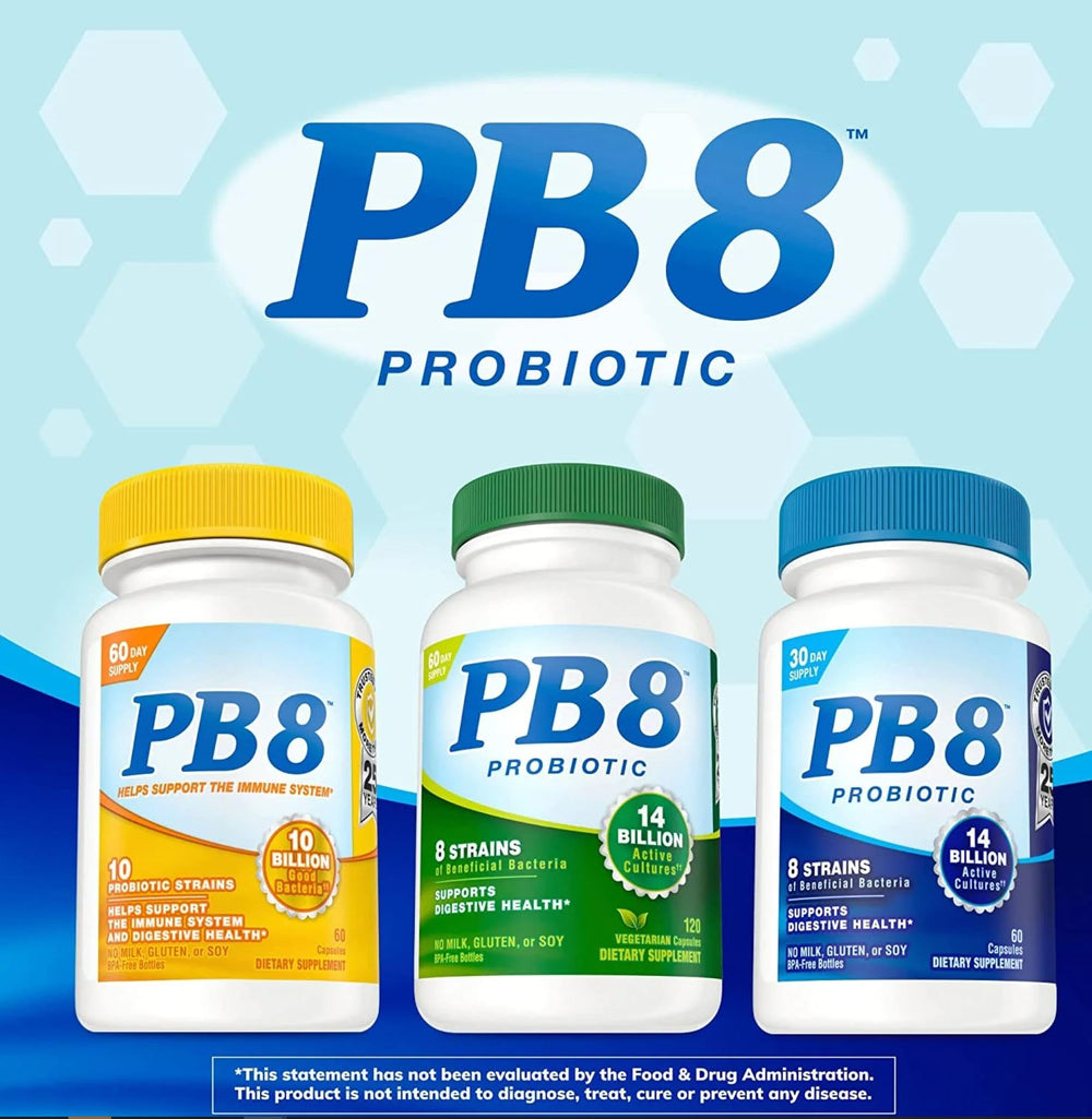 PB8 Probiotic strains infographic highlighting eight bacteria