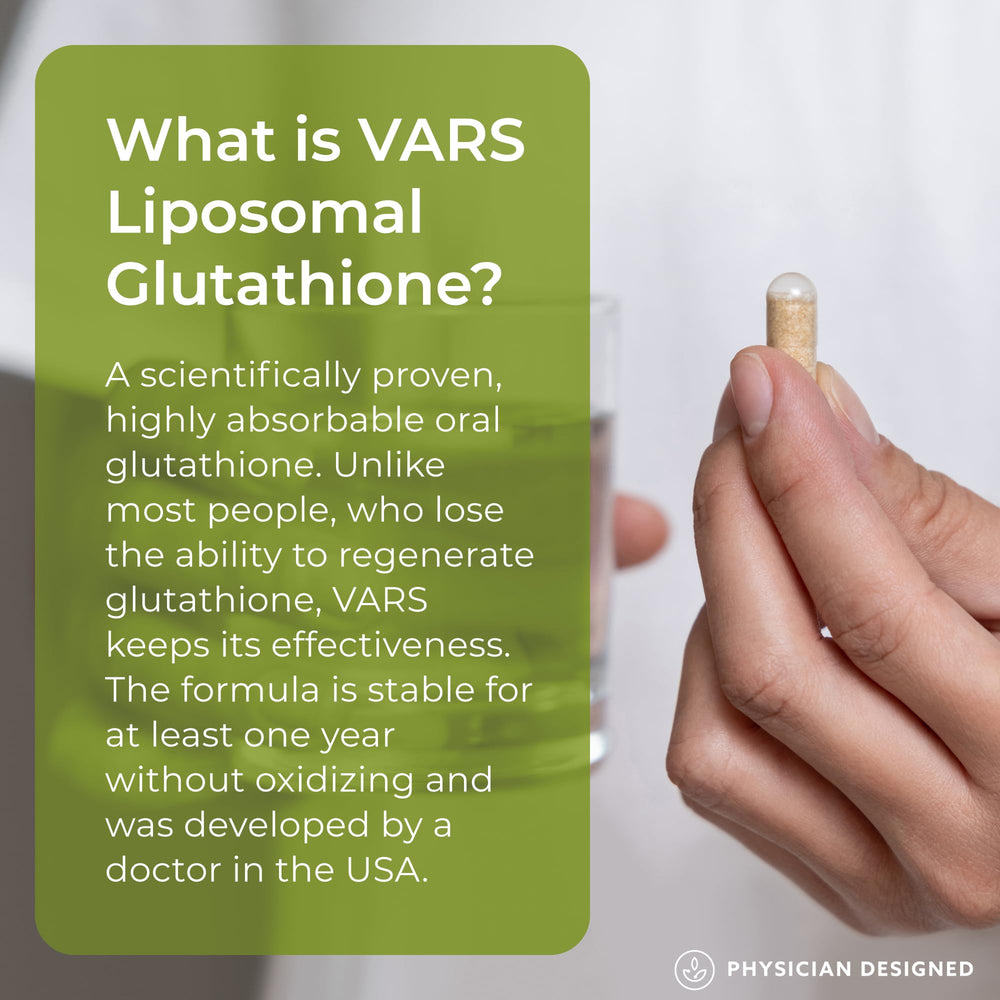 PD VARS Liposomal Glutathione capsules bottle on a clean surface for daily use.