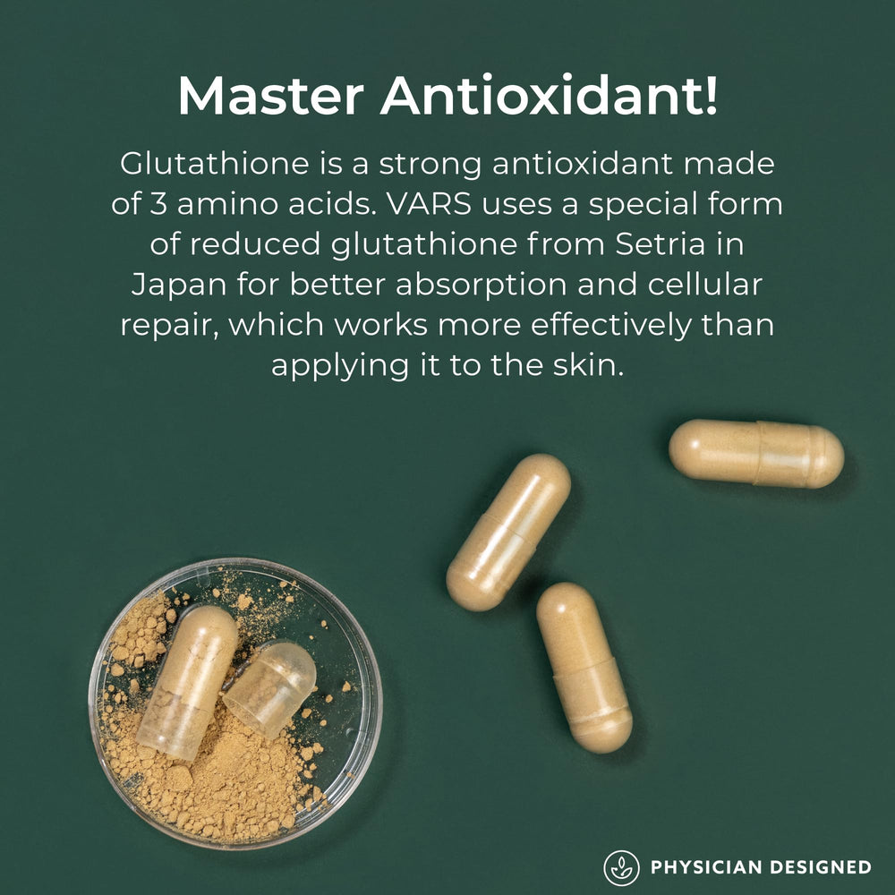 PD VARS Liposomal Glutathione capsules label detail shows patent-backed formulation.