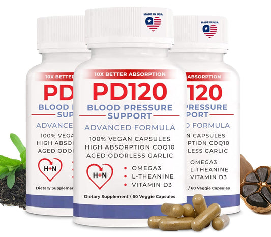 PD120 natural blood pressure support bottle front showing label for balanced BP