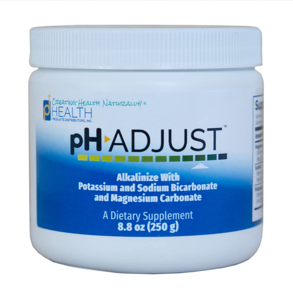 PDI Health pH Adjust bottle close-up showing the alkalinizing formula for daily balance.