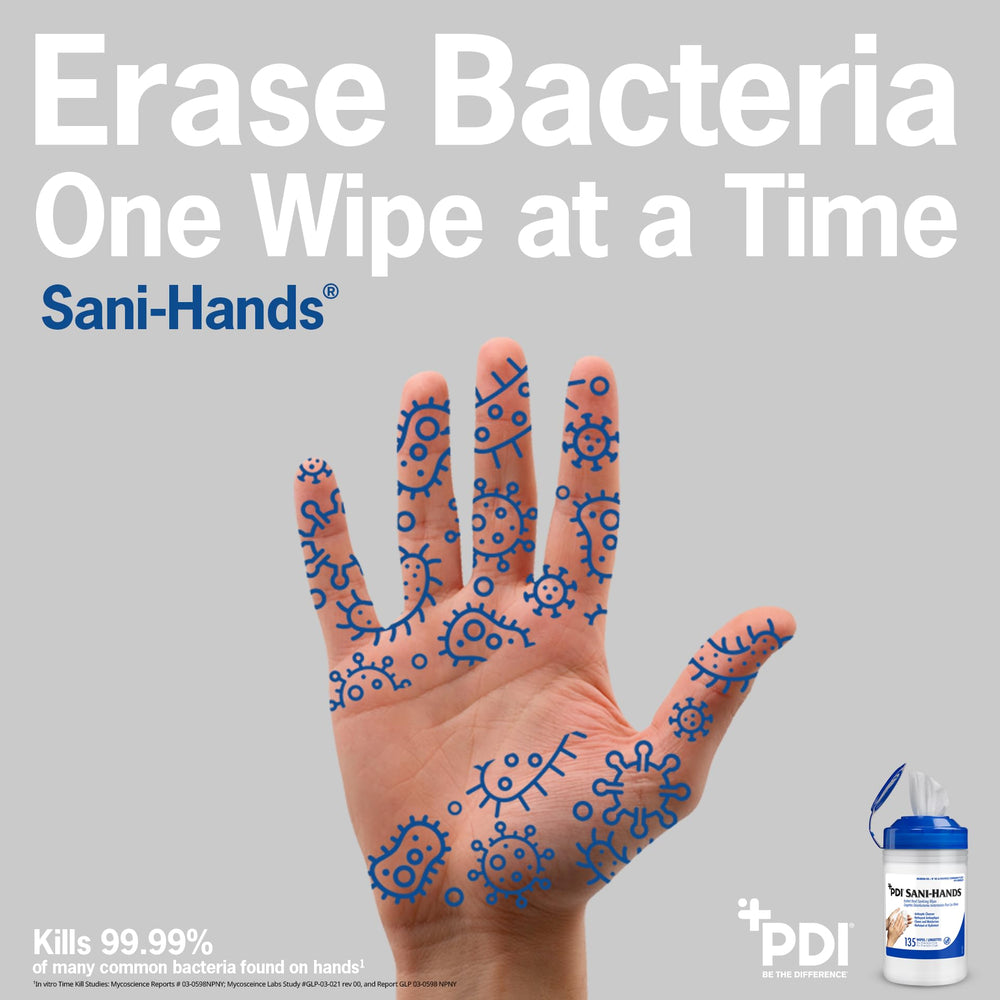 PDI Sani-Hands packaging display with 12 canisters for workplace use.