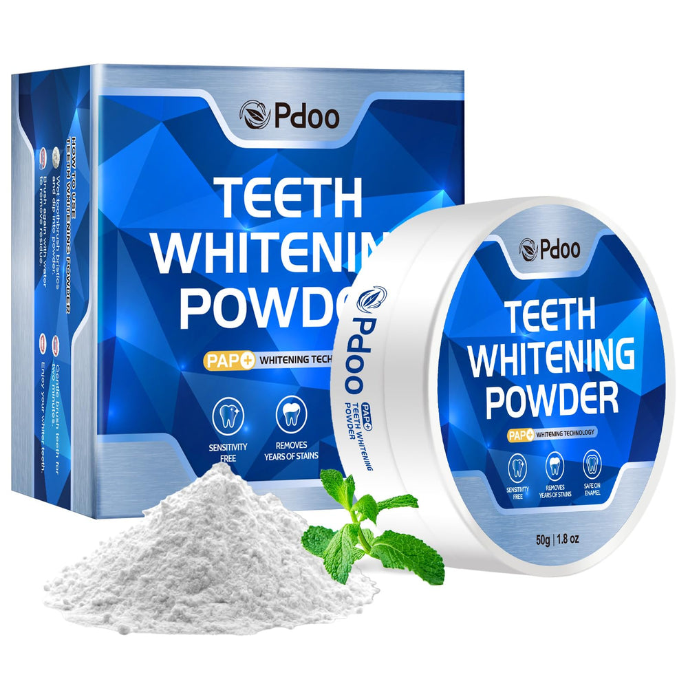 Pdoo Teeth Whitening Powder bottle shows enamel-safe PAP formula for at-home whitening.