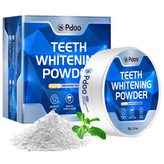 Pdoo Teeth Whitening Powder bottle shows enamel-safe PAP formula for at-home whitening.