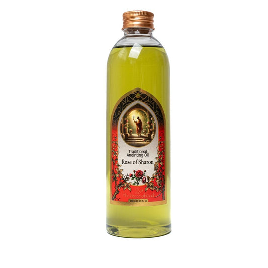 The Peace of God Rose of Sharon bottle in a serene prayer space for devotion