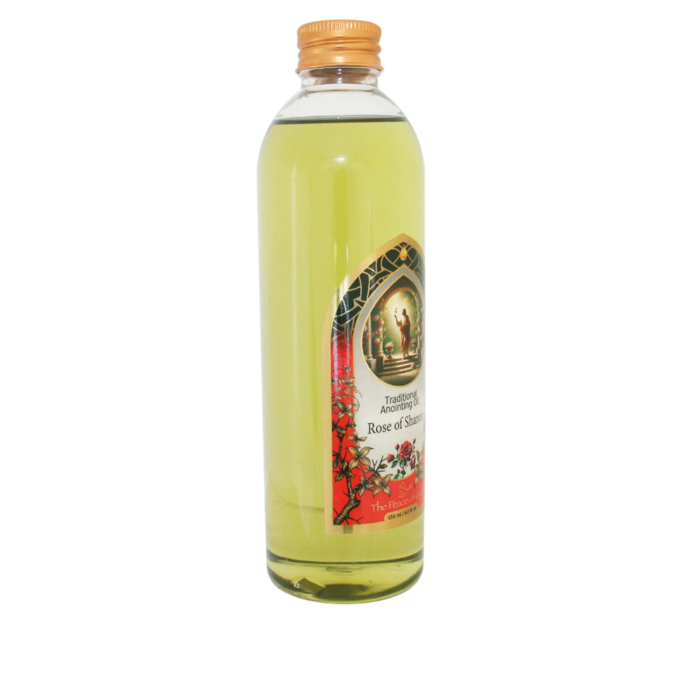 Peace of God Rose of Sharon bottle showing virgin olive oil blend
