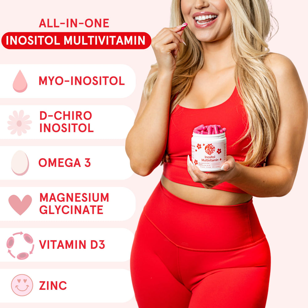 Capsules being poured from Peach Perfect bottle for easy daily dosing.
