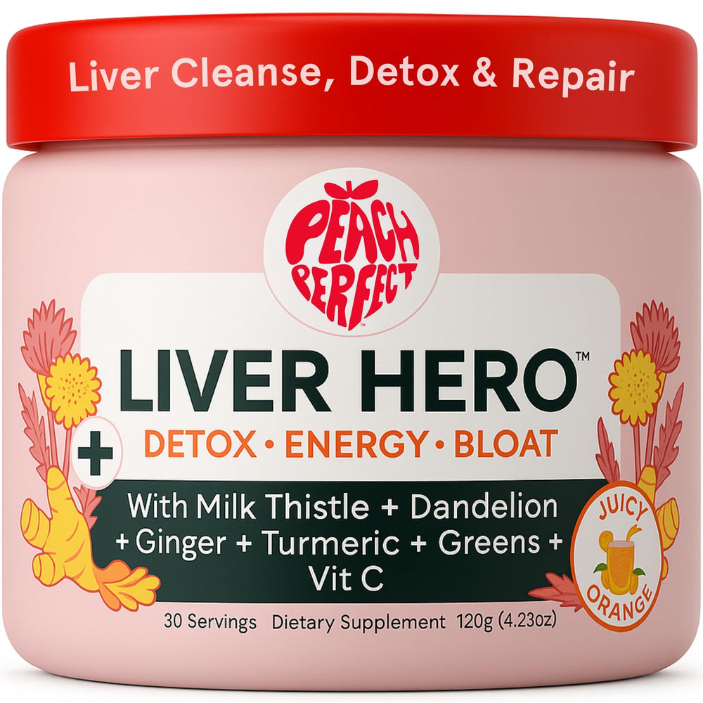 Peach Perfect Liver Hero bottle being poured for daily detox support.