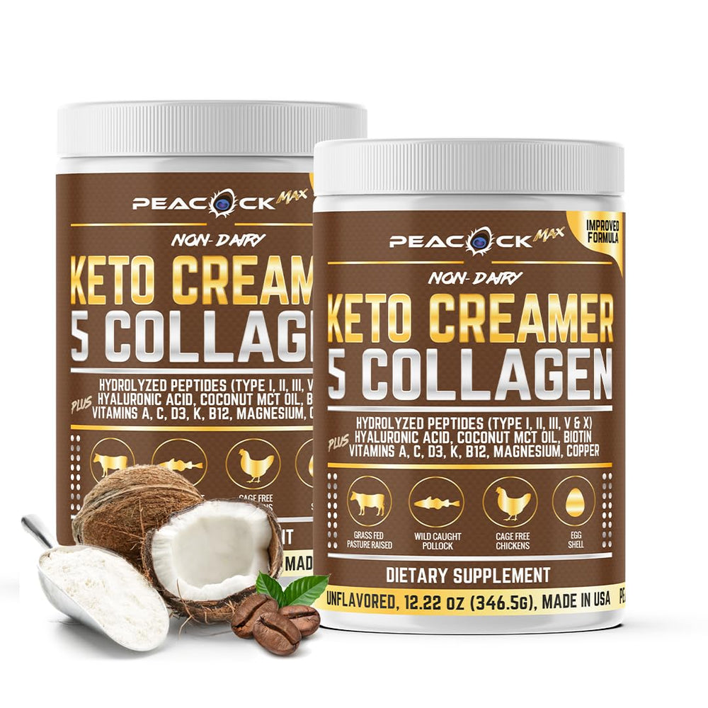 Peacock Max collagen keto creamer bottle ready for sugar-free coffee boost.