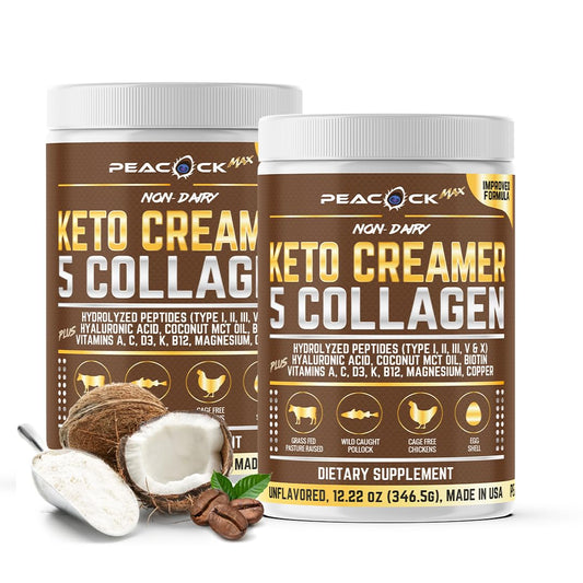 Peacock Max collagen keto creamer bottle ready for sugar-free coffee boost.