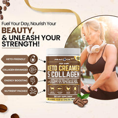 Peacock Max hydrolyzed collagen peptides powder being poured into a cup.