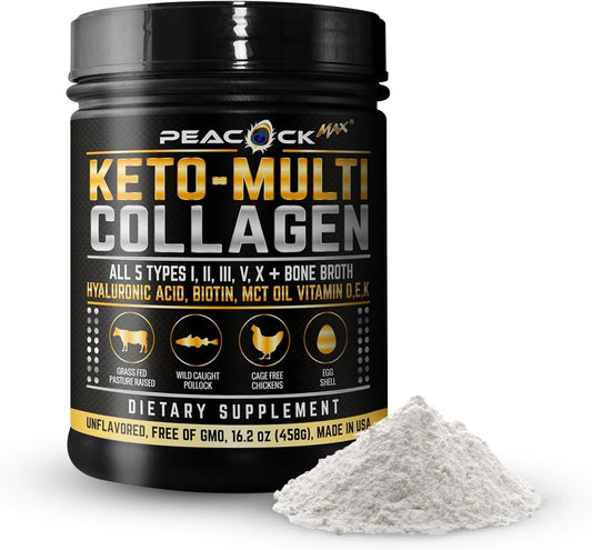 Peacock Max Keto Multi Collagen bottle pour showing convenient daily serving for wellness.
