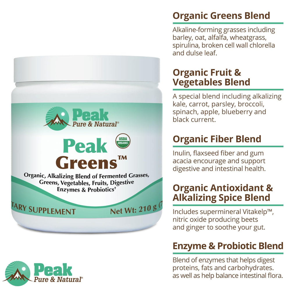 Peak Greens label close-up confirms gluten-free and non-GMO certifications