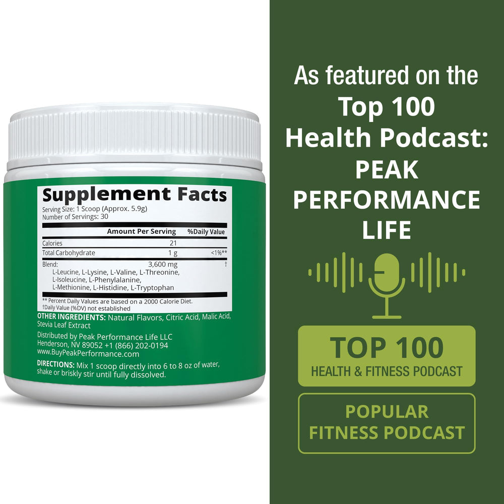 Peak Performance All 9 EAAs ingredient glimpse confirms vegan and non-GMO quality.