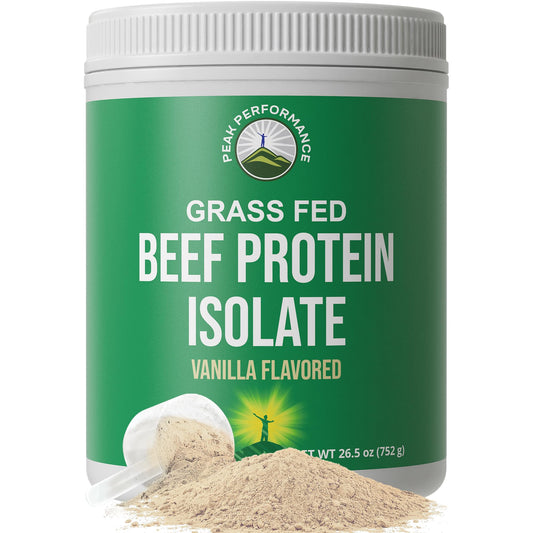 Peak Performance Grass-Fed Beef Protein Isolate bottle highlighting lactose-free option