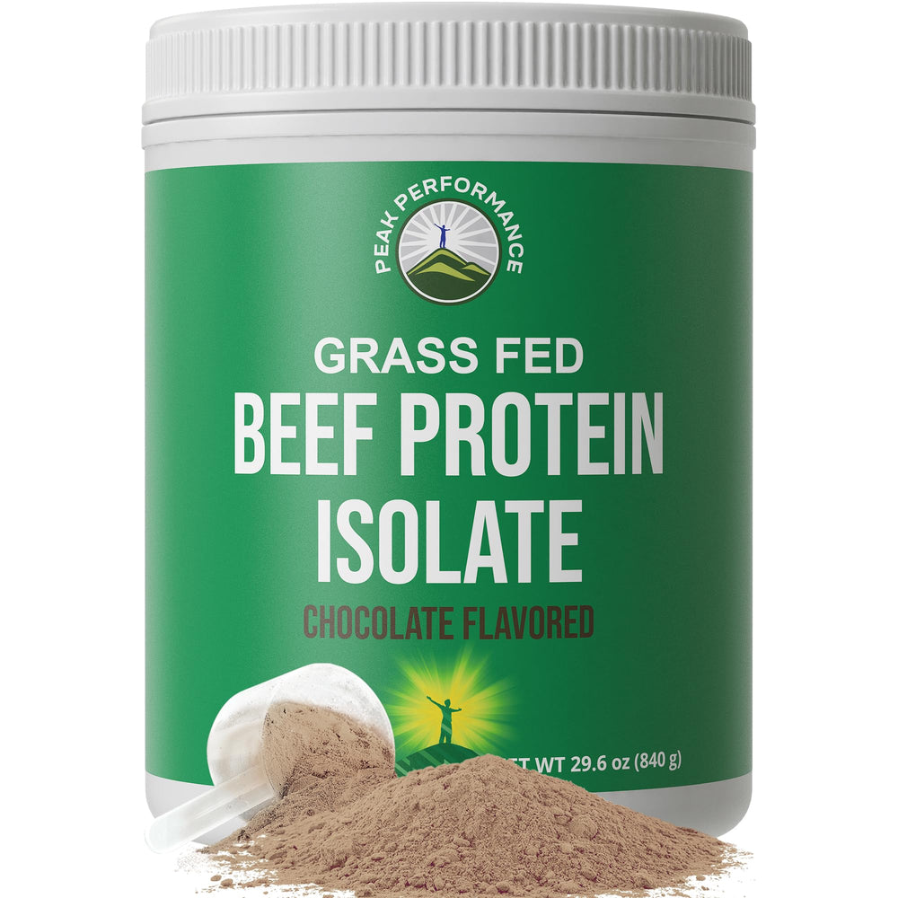 Peak Performance Grass-Fed Beef Protein jar with chocolate flavor for post-workout fuel