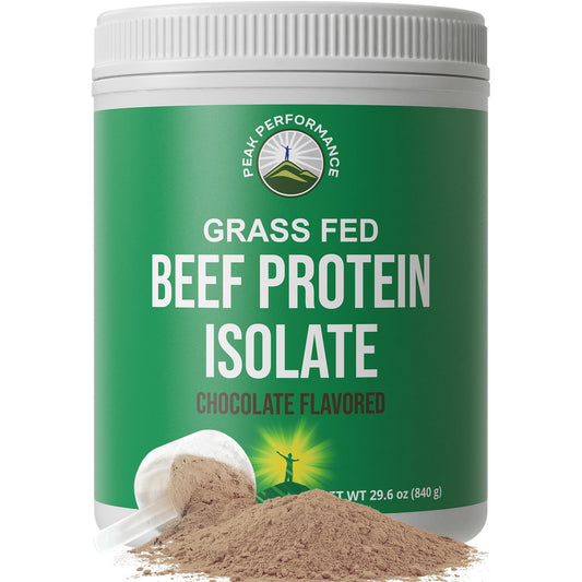 Peak Performance Grass-Fed Beef Protein jar with chocolate flavor for post-workout fuel