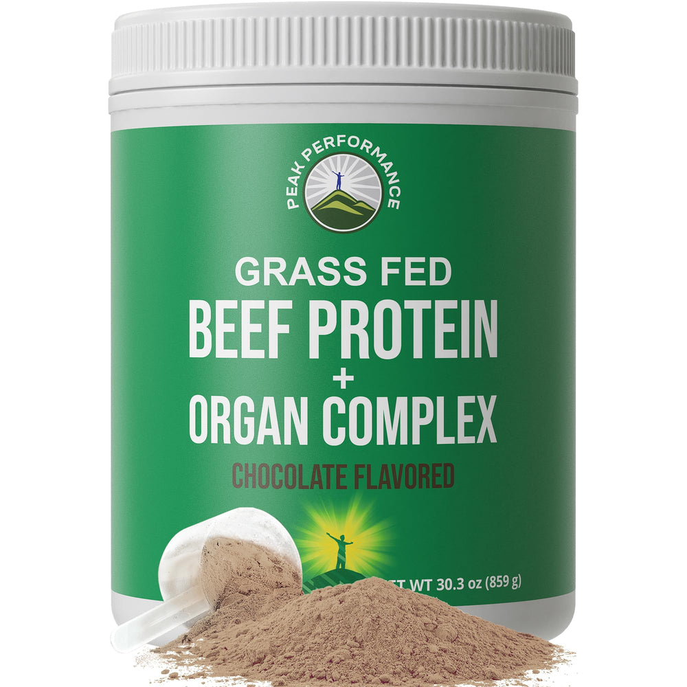 Peak Performance grass-fed beef protein powder in chocolate flavor for muscles